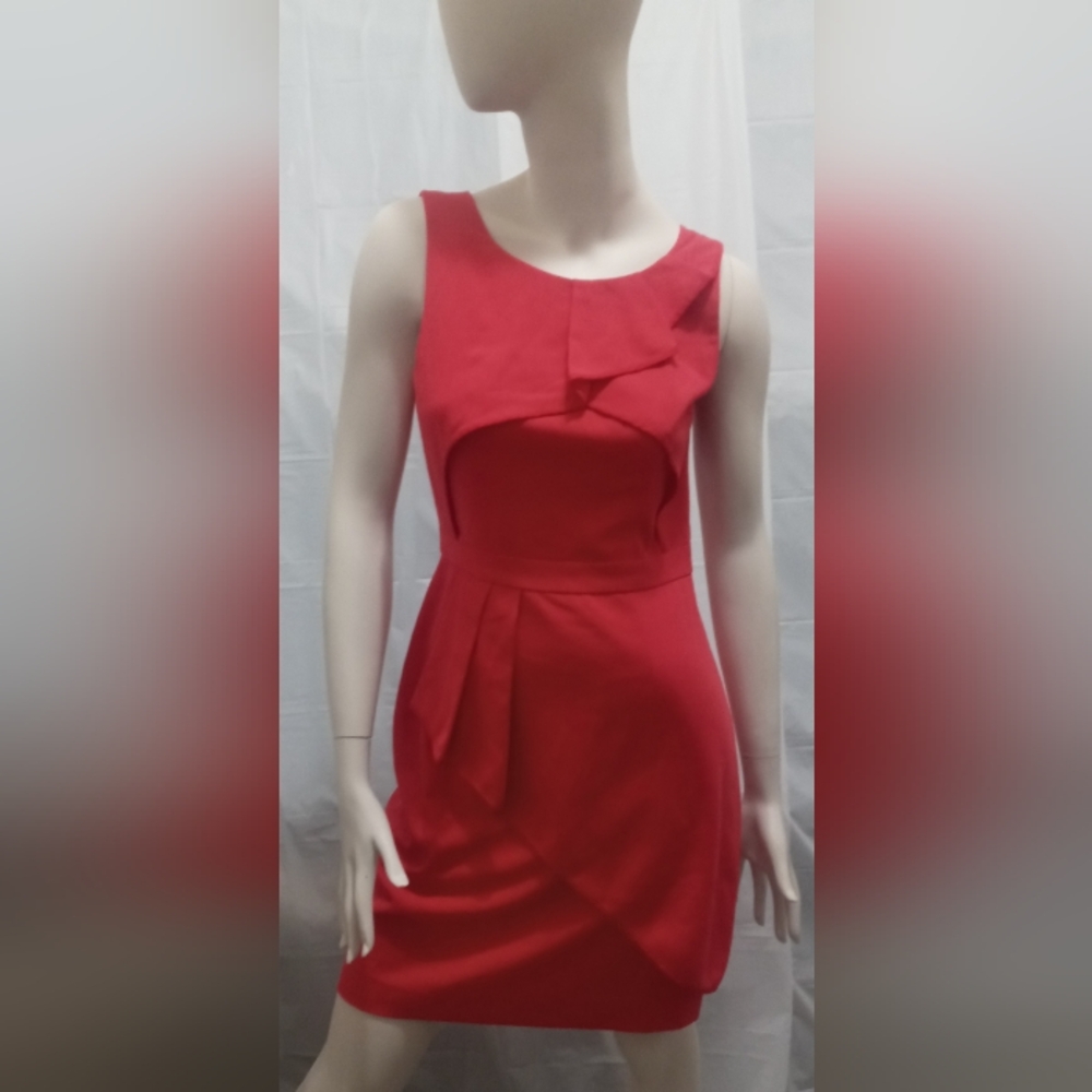 BCBG Red Ruffled Sleeveless Midi Sheath Dress